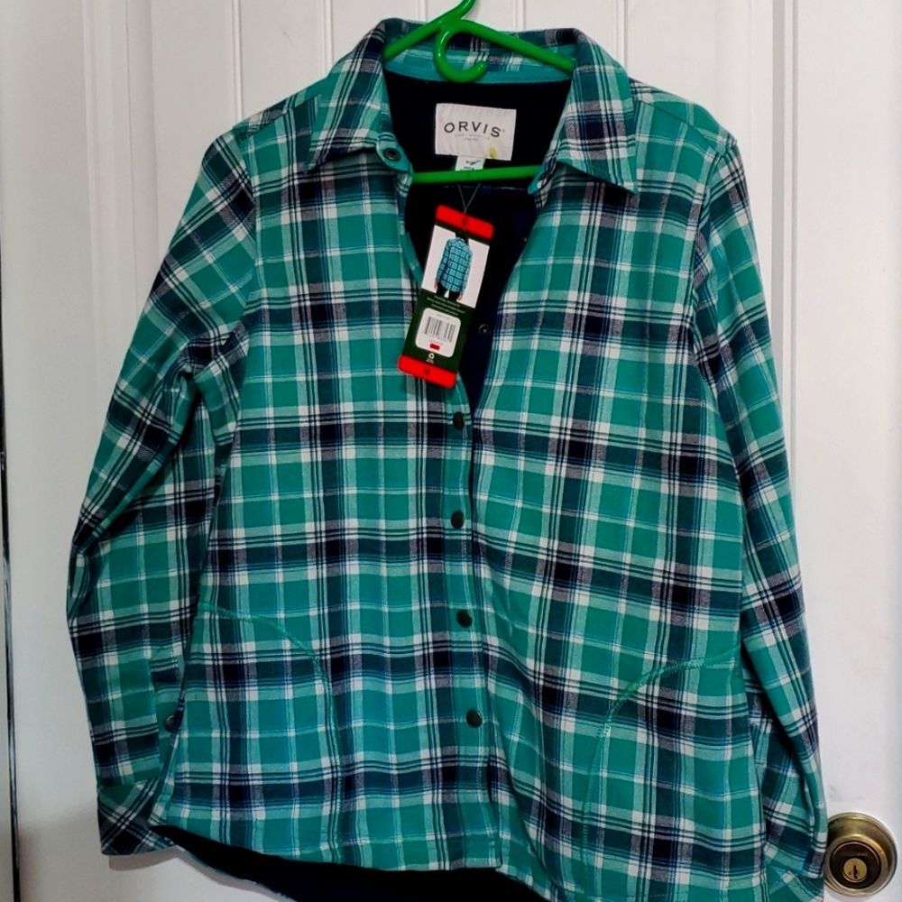 Orvis Button Down Turquoise Navy Lined Cotton Jacket, Size Medium, Plaid Flannel